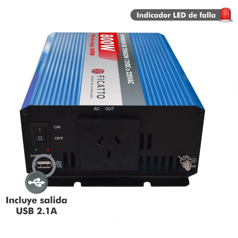Inversor de corriente FICATTO 800W 12V 220V USB 2.1A