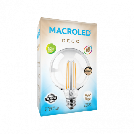 Lámpara led MACROLED filamento globo dimer 8w 1080lm e27 6000ºk luz fria