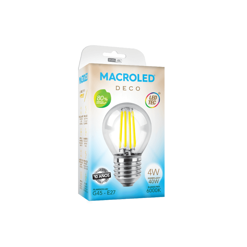 Lámpara led MACROLED gota filamento E27 4W 480lm 6000K luz fría