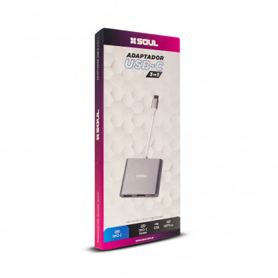 Adaptador SOUL ADAP-3EN1C multi hub tipo C a HDMI 4K + USB C pd + USB 3.0