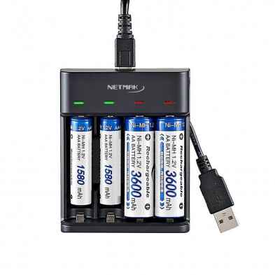 Cargador de pilas NETKMAK NM-CH4 para 4 pilas AA/AAA 1.2v carga rápida USB