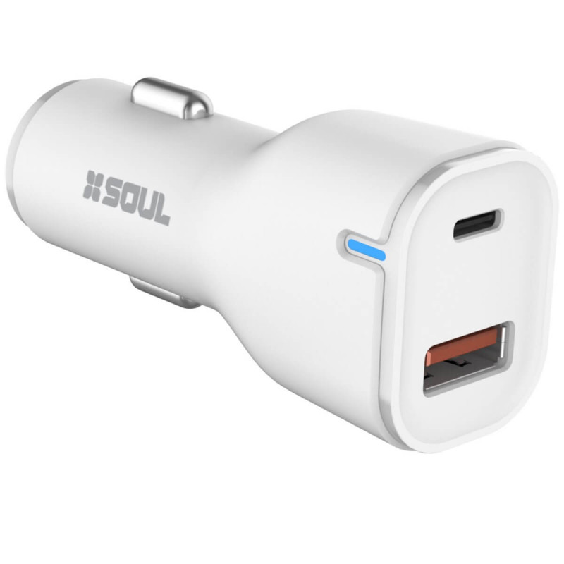 Cargador SOUL CAQ-PD USB-C para auto 20W carga rápida blanco con cable