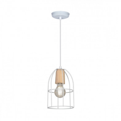 Colgante SAN JUSTO GEO CARDELES Jaula Aviar con Detalle Madera 1 Luz E27 Blanco