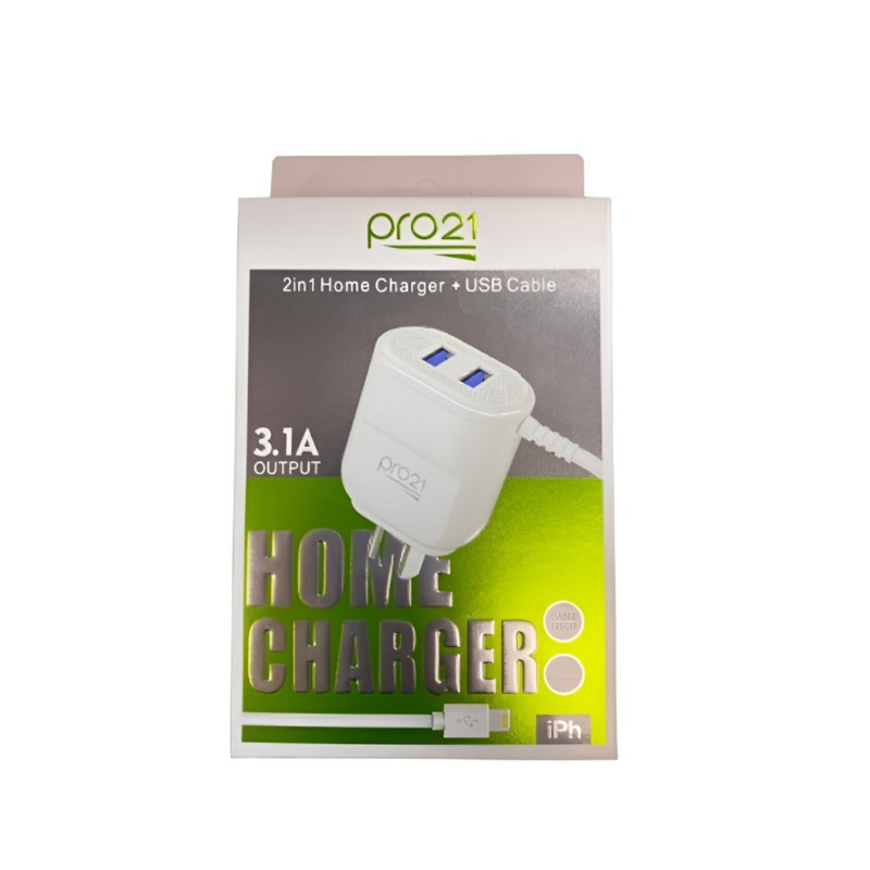 Cargador PRO21 Lightning + 2 USB 3.1A blanco con cable Cargador PRO21 Lightning + 2 USB 3.1A blanco con cable