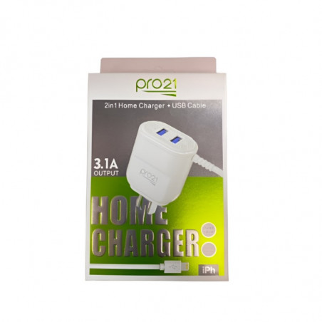 Cargador PRO21 Lightning + 2 USB 3.1A blanco con cable