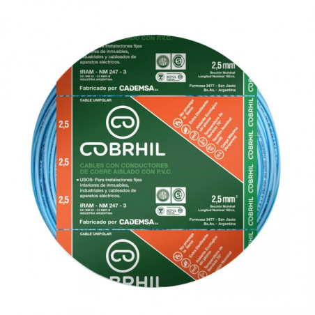 Cable unipolar COBRHIL 2,5mm2 celeste IRAM 2183-NM247-3