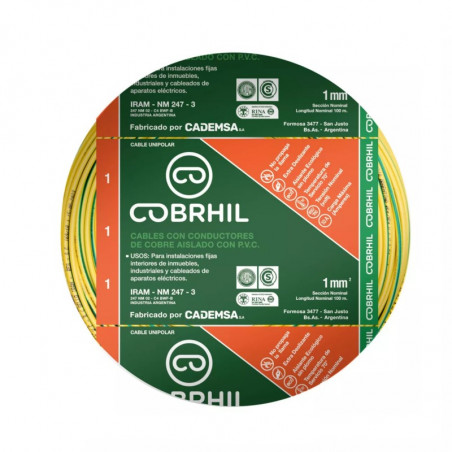 Cable unipolar COBRHIL 1mm2 verde amarillo IRAM 2183-NM247-3