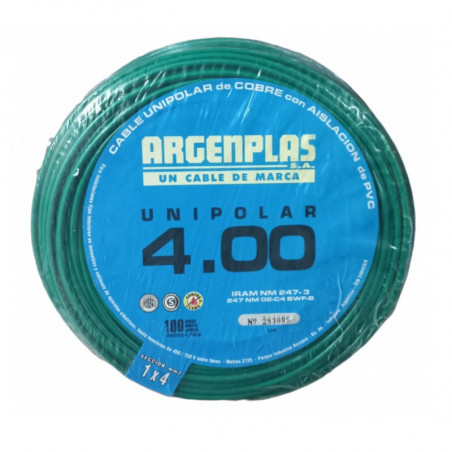 Cable unipolar ARGENPLAS 4mm2 verde amarillo IRAM 2183-NM247-3