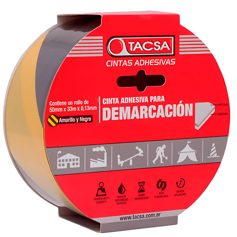 Cinta adhesiva TACSA pvc demarcación 50mm por 33 metros negro y amarillo