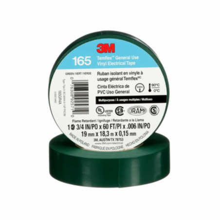 Cinta aisladora 3M TEMFLEX 165 pvc 19mm por 18 metros verde uso general