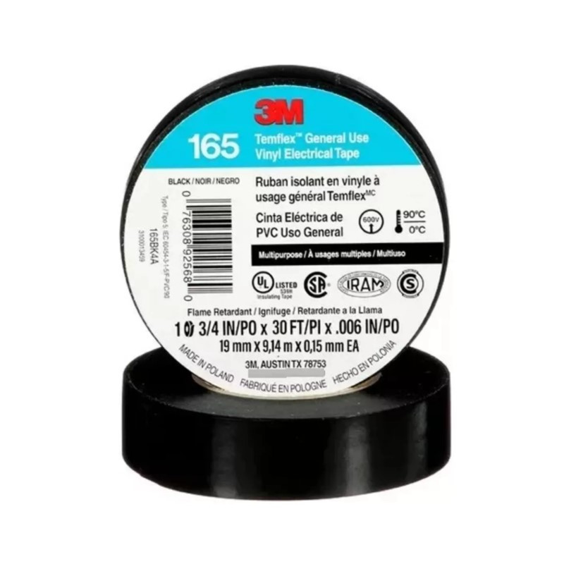 Cinta aisladora 3M TEMFLEX 165 pvc 19mm por 9 metros negra uso general
