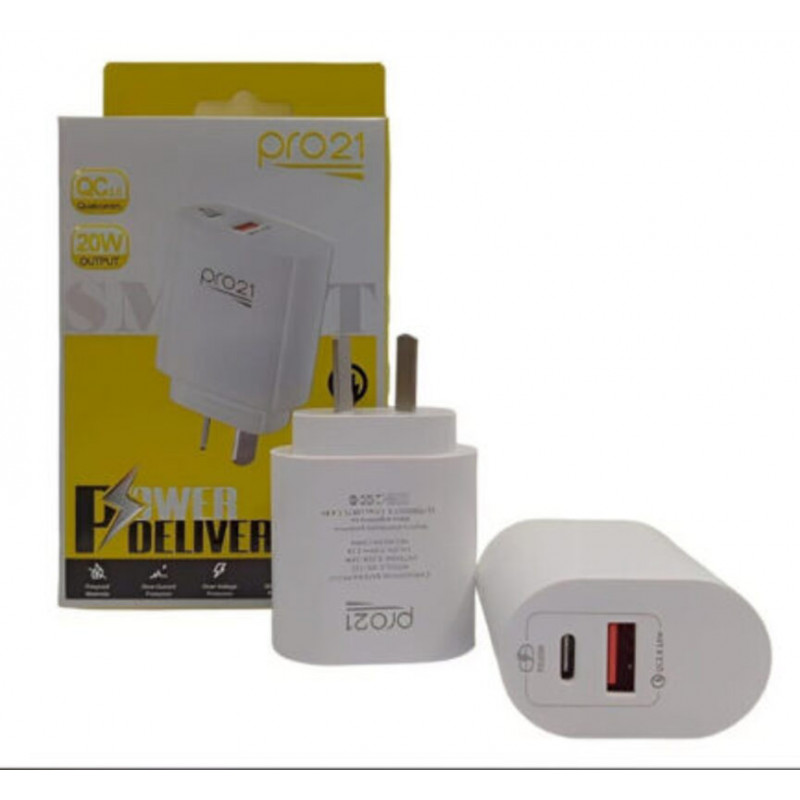 Cargador PRO21 MS-72C USB-C + 1 USB 20W blanco sin cable