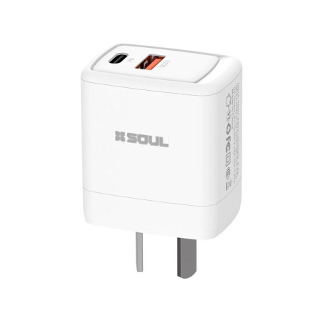 Cargador SOUL USB-A 20W PD + 18W USB-C blanco con cable