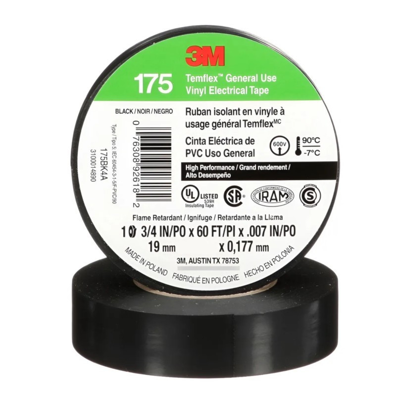 Cinta aisladora 3M TEMFLEX 175 pvc 19mm por 9 metros negra uso general Cinta aisladora 3M TEMFLEX 175 pvc 19mm por 9 metros negra uso general