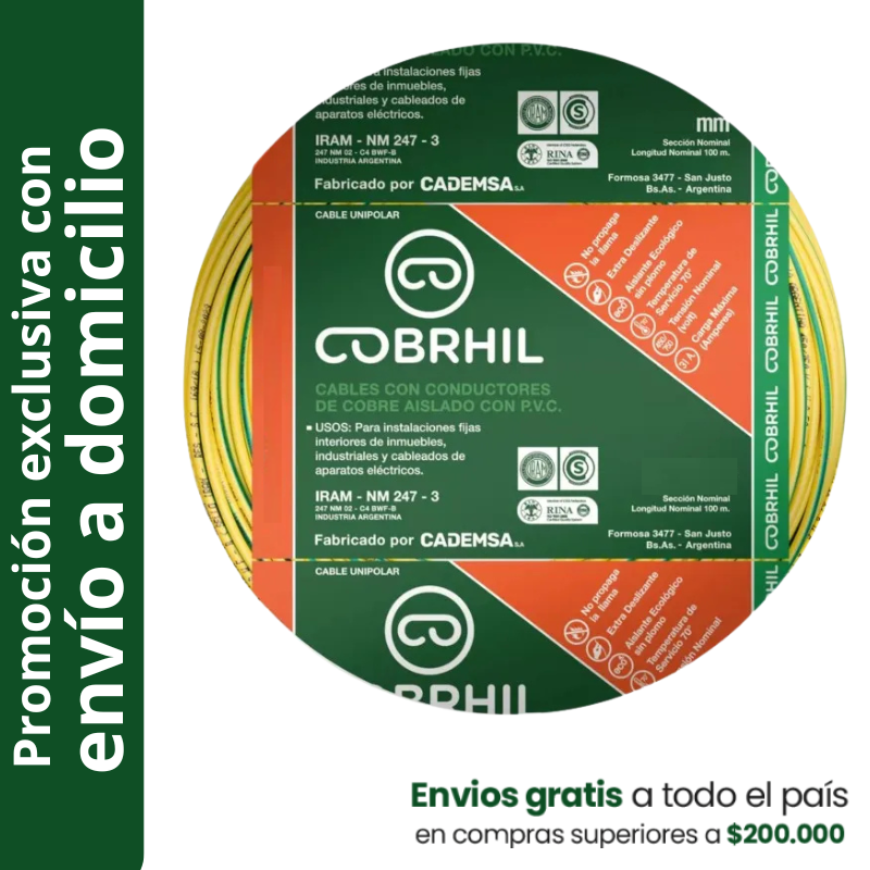 Rollo de cable unipolar COBRHIL 10mm2 100 metros IRAM NM247-3 venta exclusiva con envió a domicilio Rollo de cable unipolar COBRHIL 10mm2 100 metros IRAM NM247-3 venta exclusiva con envió a domicilio
