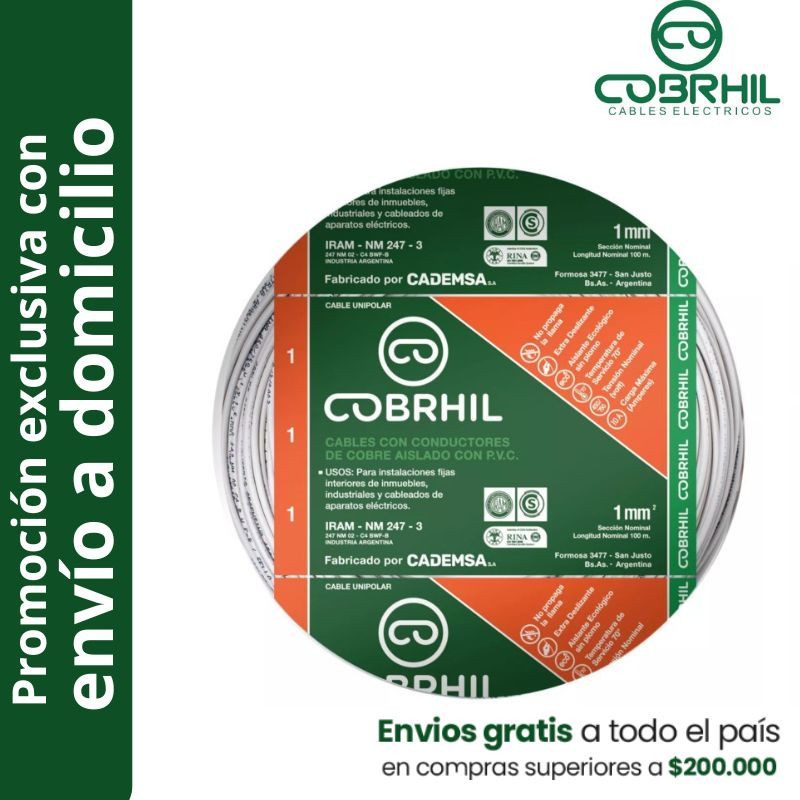 Rollo de cable unipolar COBRHIL 1mm2 100 metros IRAM NM247-3 venta exclusiva con envió a domicilio