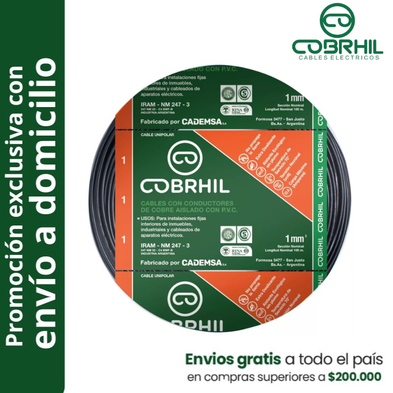 Rollo de cable unipolar COBRHIL 1mm2 100 metros IRAM NM247-3 venta exclusiva con envió a domicilio