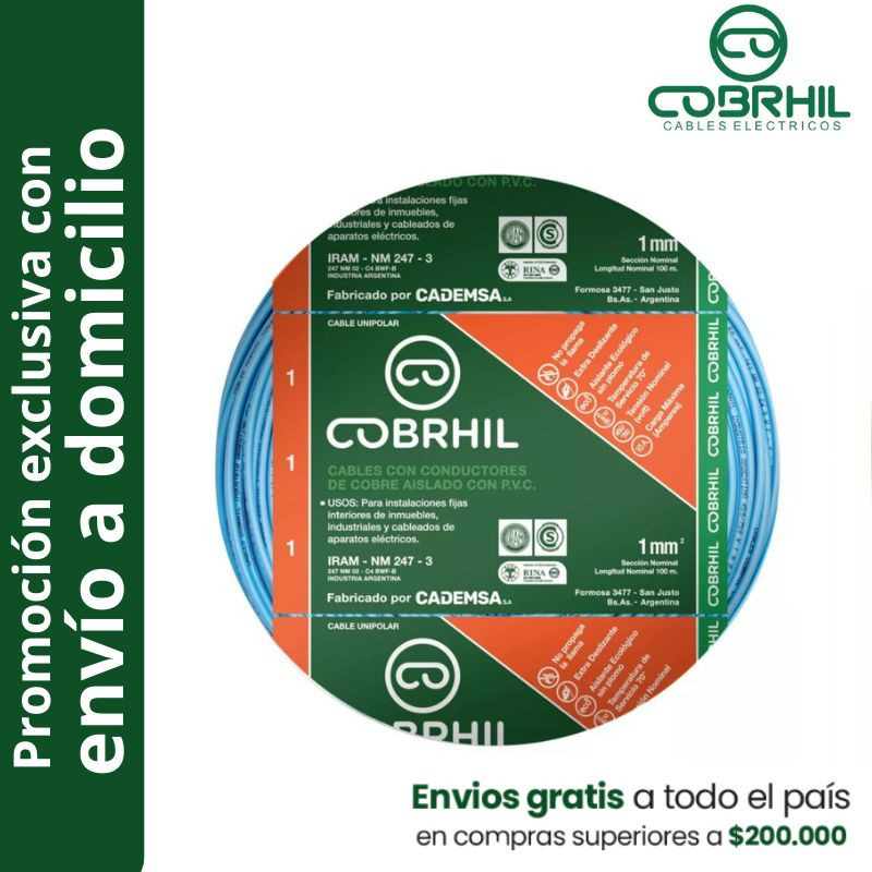 Rollo de cable unipolar COBRHIL 1mm2 100 metros IRAM NM247-3 venta exclusiva con envió a domicilio