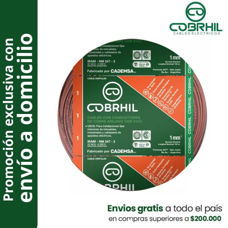 Rollo de cable unipolar COBRHIL 1mm2 100 metros IRAM NM247-3 venta exclusiva con envió a domicilio