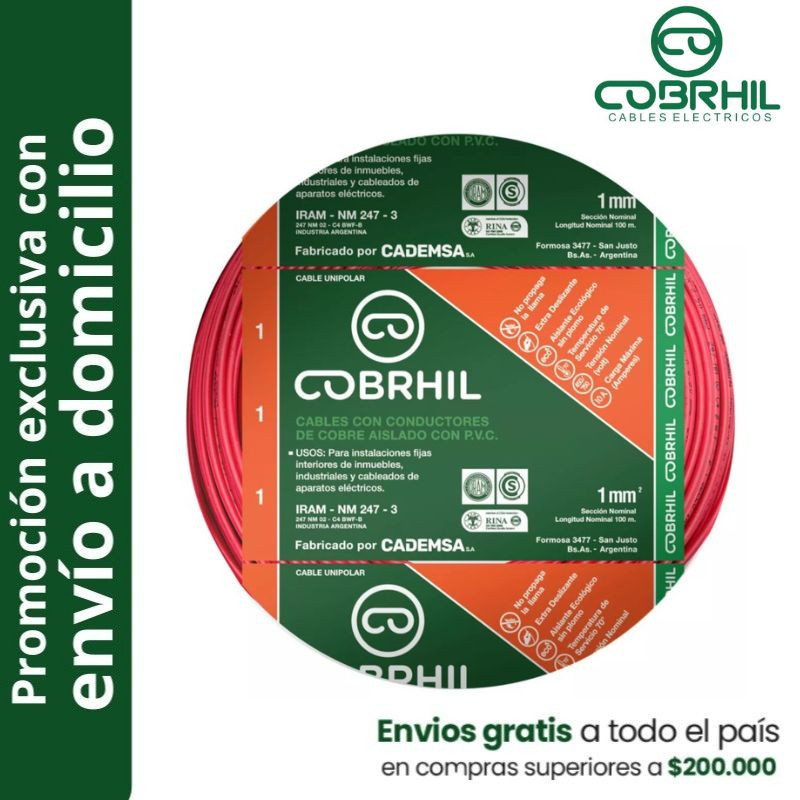 Rollo de cable unipolar COBRHIL 1mm2 100 metros IRAM NM247-3 venta exclusiva con envió a domicilio
