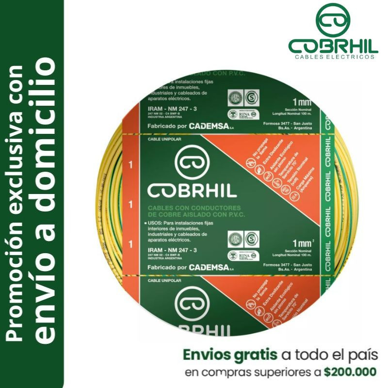 Rollo de cable unipolar COBRHIL 1mm2 100 metros IRAM NM247-3 venta exclusiva con envió a domicilio