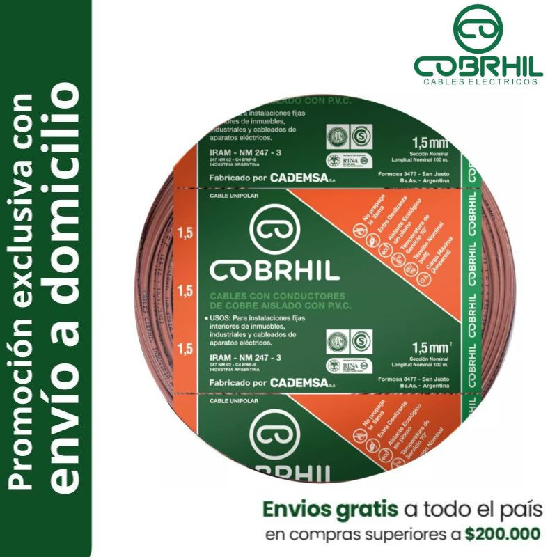 Rollo de cable unipolar COBRHIL 1.5mm2 100 metros IRAM NM247-3 venta exclusiva con envió a domicilio