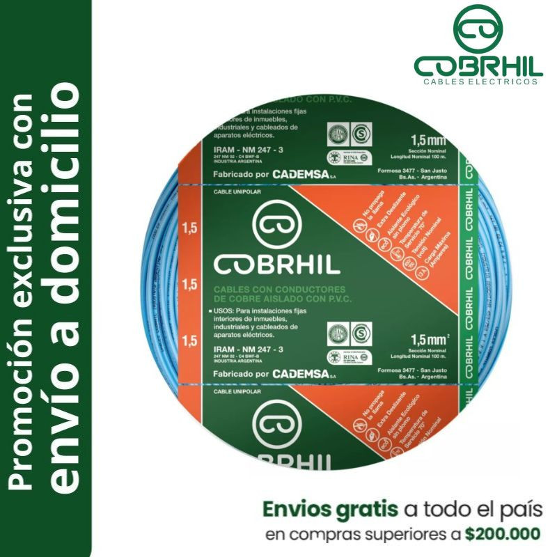 Rollo de cable unipolar COBRHIL 1.5mm2 100 metros IRAM NM247-3 venta exclusiva con envió a domicilio