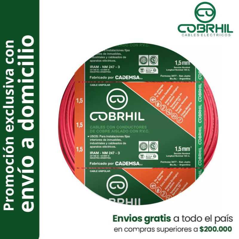 Rollo de cable unipolar COBRHIL 1.5mm2 100 metros IRAM NM247-3 venta exclusiva con envió a domicilio