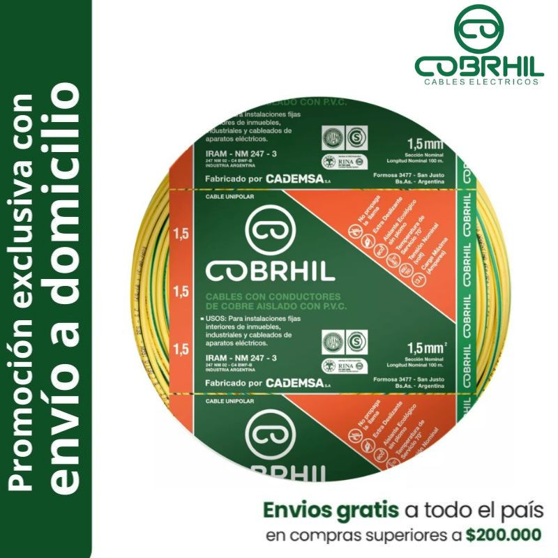 Rollo de cable unipolar COBRHIL 1.5mm2 100 metros IRAM NM247-3 venta exclusiva con envió a domicilio