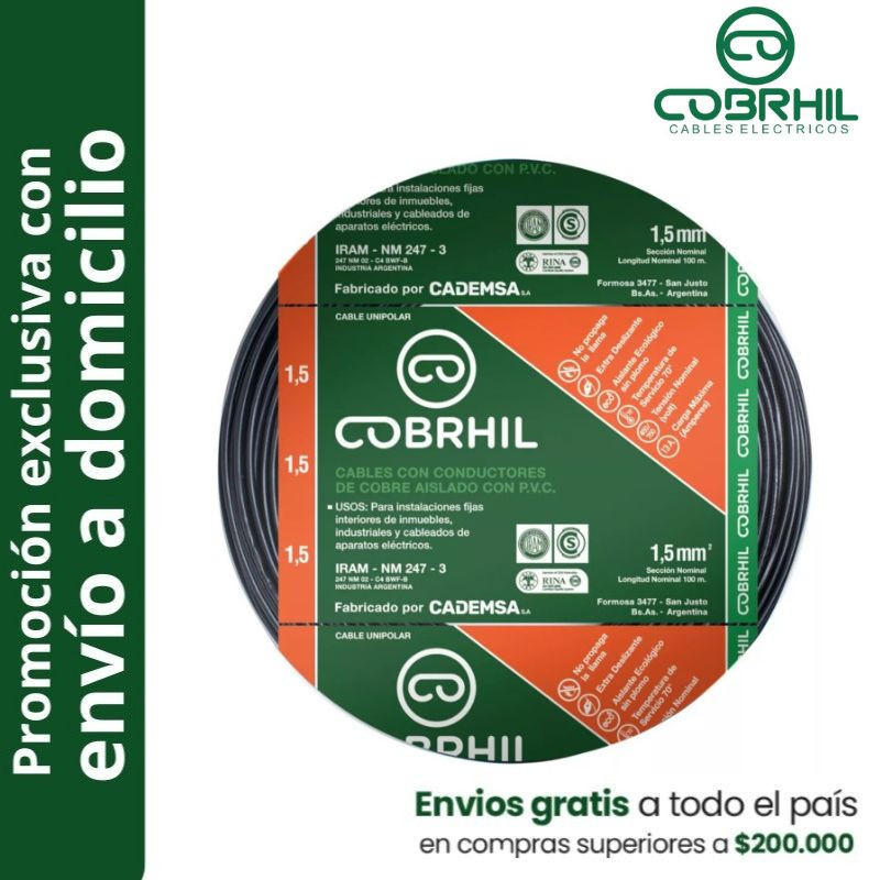 Rollo de cable unipolar COBRHIL 1.5mm2 100 metros IRAM NM247-3 venta exclusiva con envió a domicilio