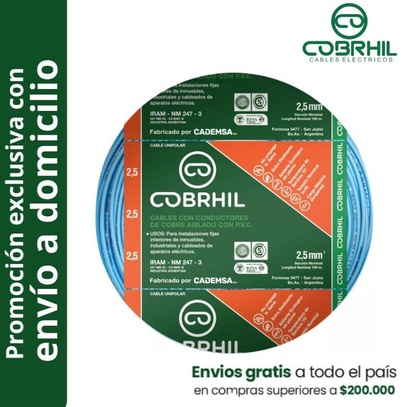 Rollo de cable unipolar COBRHIL 2.5mm2 100 metros IRAM NM247-3 venta exclusiva con envió a domicilio