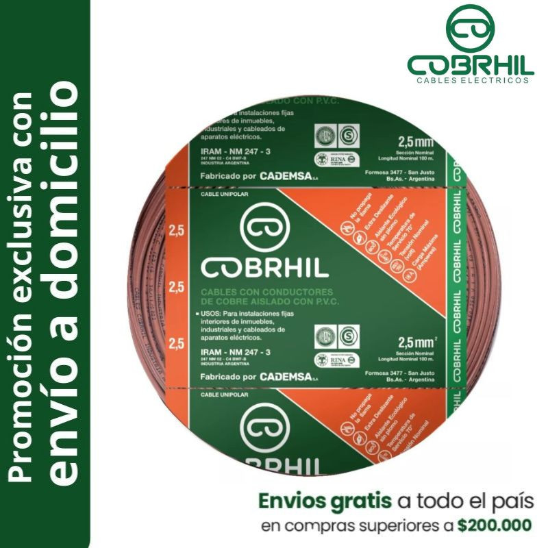 Rollo de cable unipolar COBRHIL 2.5mm2 100 metros IRAM NM247-3 venta exclusiva con envió a domicilio