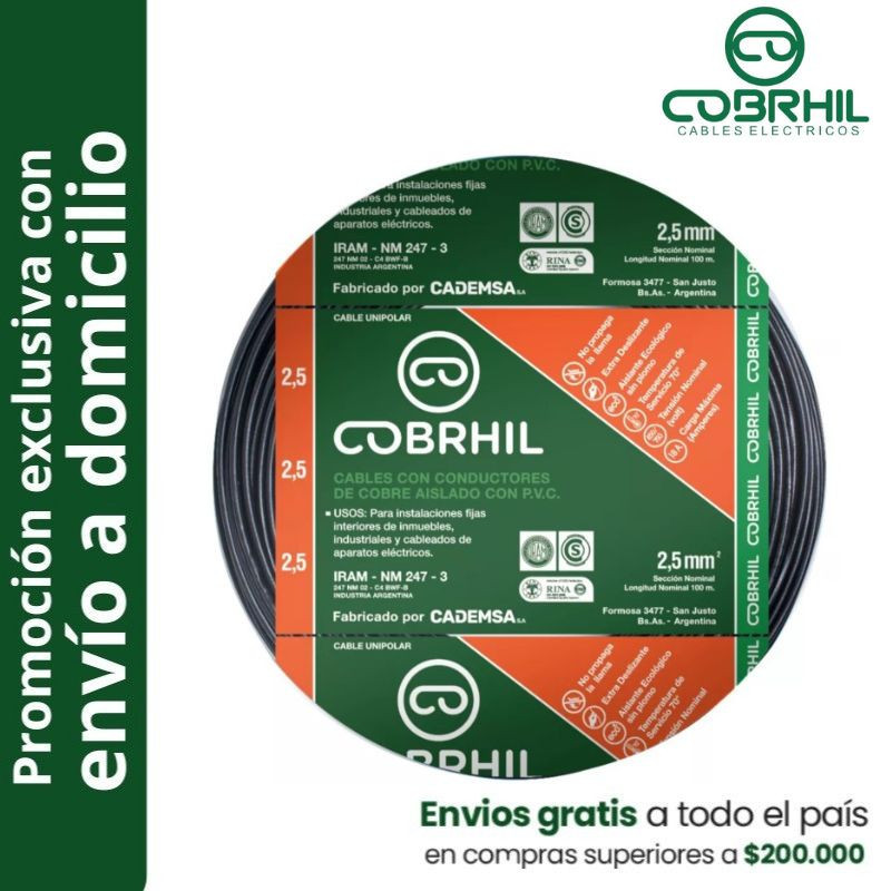 Rollo de cable unipolar COBRHIL 2.5mm2 100 metros IRAM NM247-3 venta exclusiva con envió a domicilio