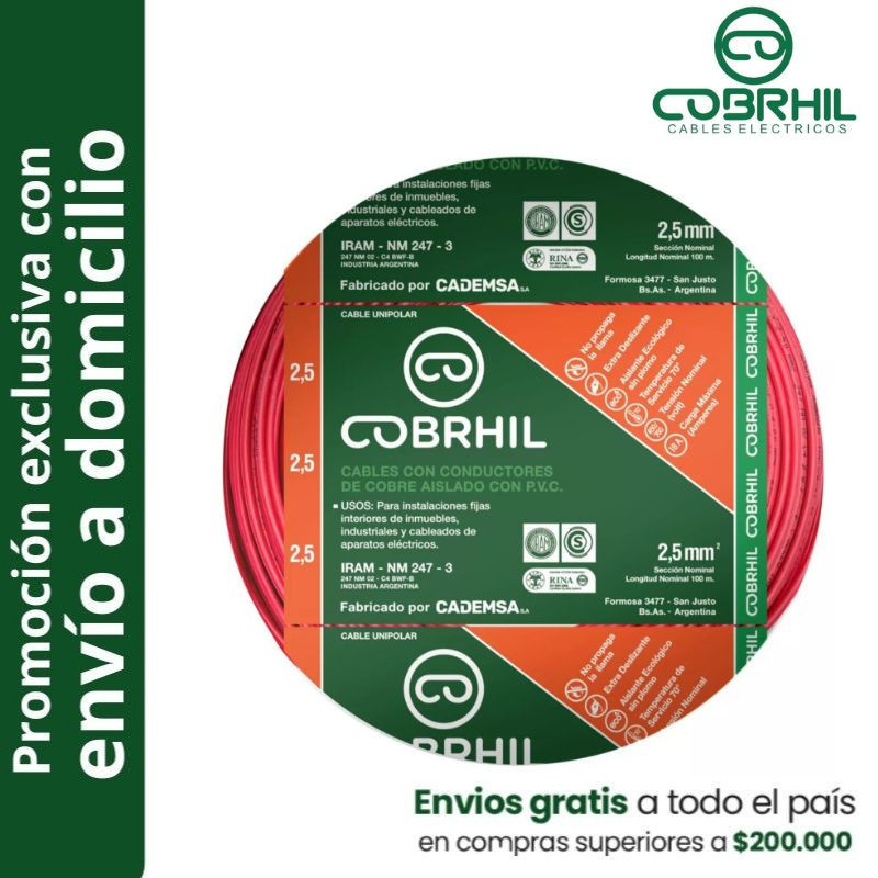 Rollo de cable unipolar COBRHIL 2.5mm2 100 metros IRAM NM247-3 venta exclusiva con envió a domicilio