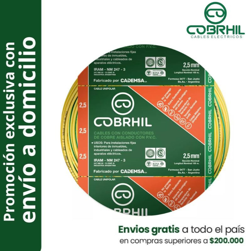 Rollo de cable unipolar COBRHIL 2.5mm2 100 metros IRAM NM247-3 venta exclusiva con envió a domicilio