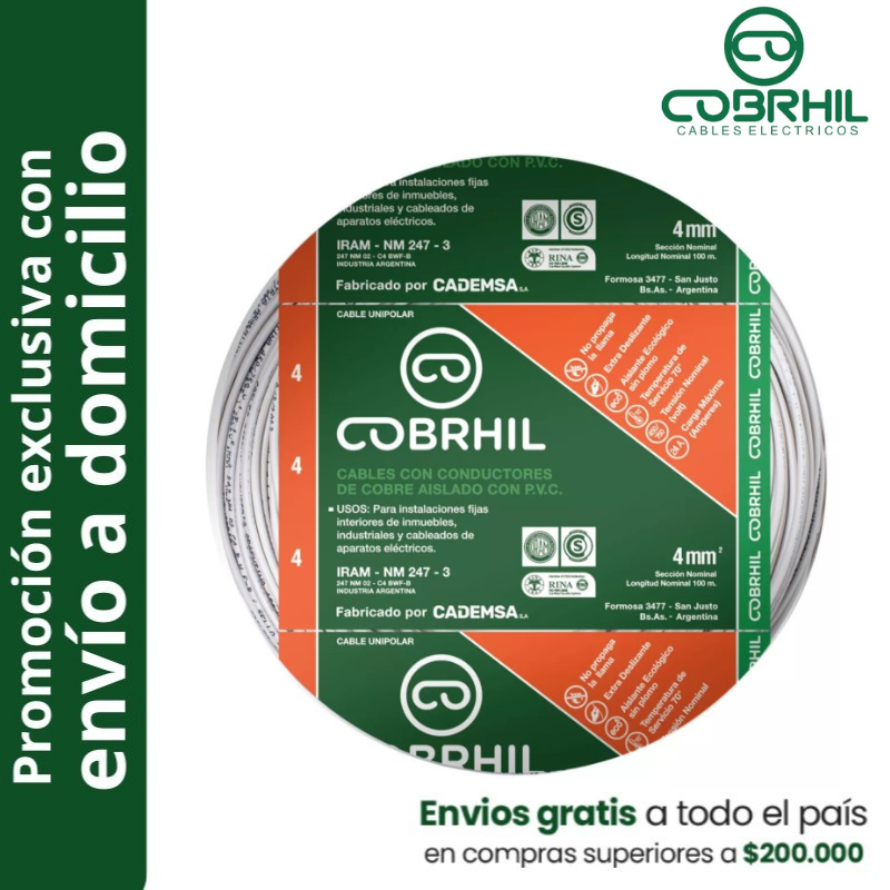 Rollo de cable unipolar COBRHIL 4mm2 100 metros IRAM NM247-3 venta exclusiva con envió a domicilio