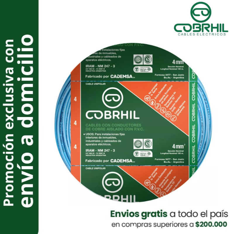 Rollo de cable unipolar COBRHIL 4mm2 100 metros IRAM NM247-3 venta exclusiva con envió a domicilio