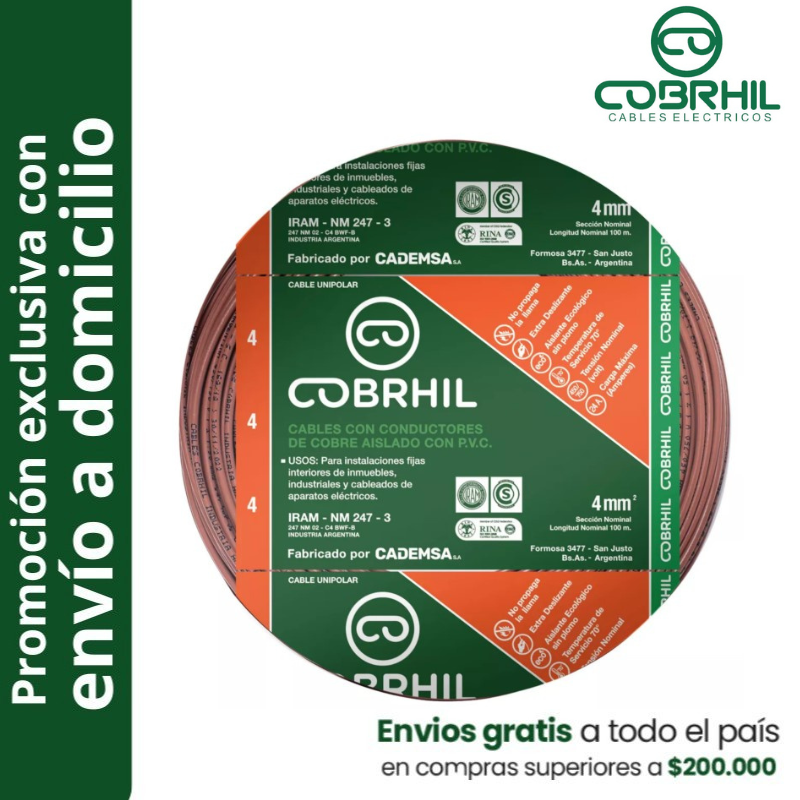 Rollo de cable unipolar COBRHIL 4mm2 100 metros IRAM NM247-3 venta exclusiva con envió a domicilio