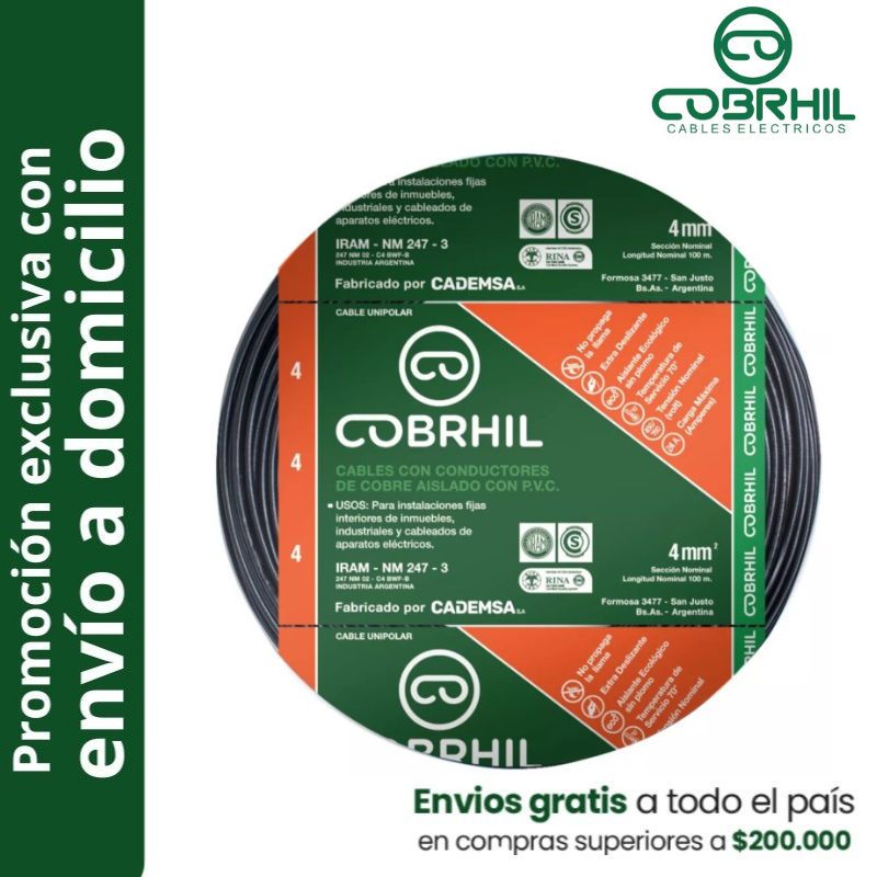 Rollo de cable unipolar COBRHIL 4mm2 100 metros IRAM NM247-3 venta exclusiva con envió a domicilio