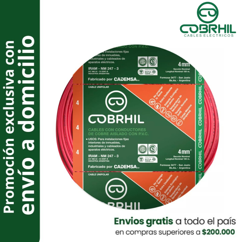 Rollo de cable unipolar COBRHIL 4mm2 100 metros IRAM NM247-3 venta exclusiva con envió a domicilio