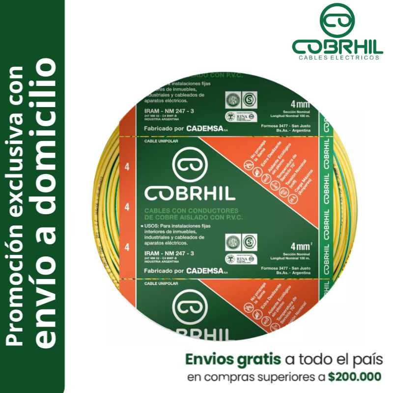 Rollo de cable unipolar COBRHIL 4mm2 100 metros IRAM NM247-3 venta exclusiva con envió a domicilio