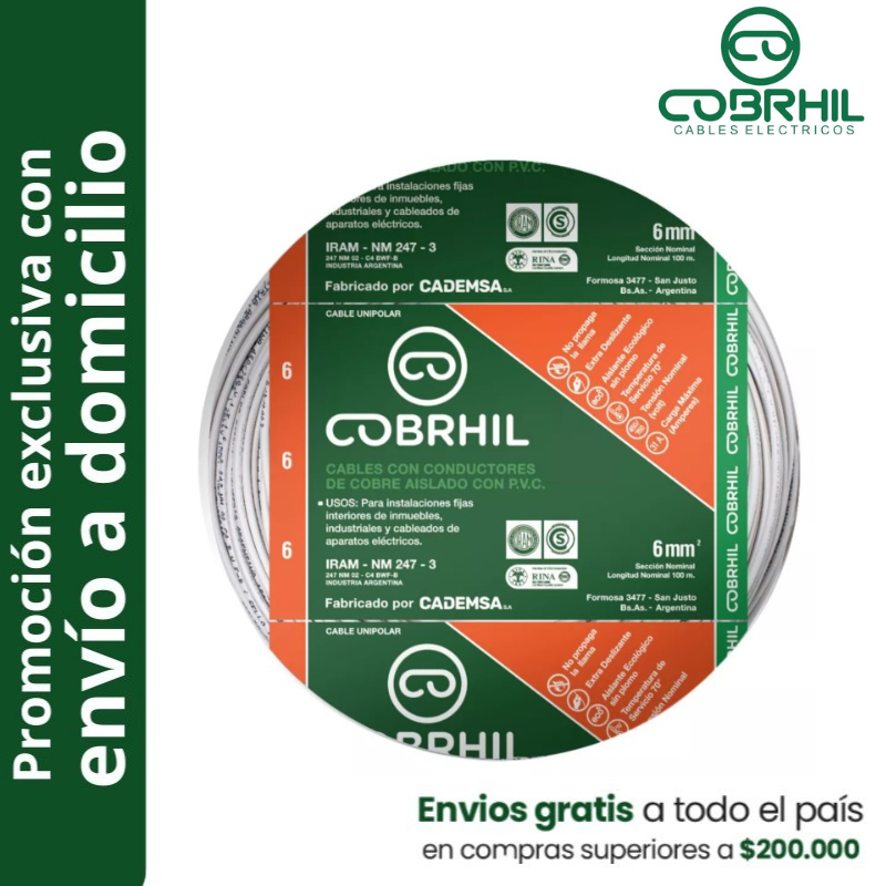 Rollo de cable unipolar COBRHIL 6mm2 100 metros IRAM NM247-3 venta exclusiva con envió a domicilio Rollo de cable unipolar COBRHIL 6mm2 100 metros IRAM NM247-3 venta exclusiva con envió a domicilio