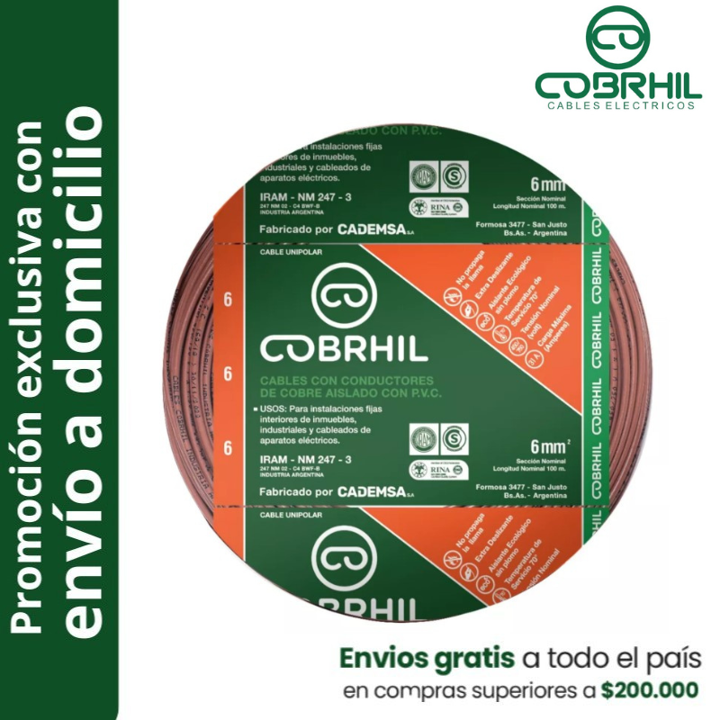 Rollo de cable unipolar COBRHIL 6mm2 100 metros IRAM NM247-3 venta exclusiva con envió a domicilio Rollo de cable unipolar COBRHIL 6mm2 100 metros IRAM NM247-3 venta exclusiva con envió a domicilio