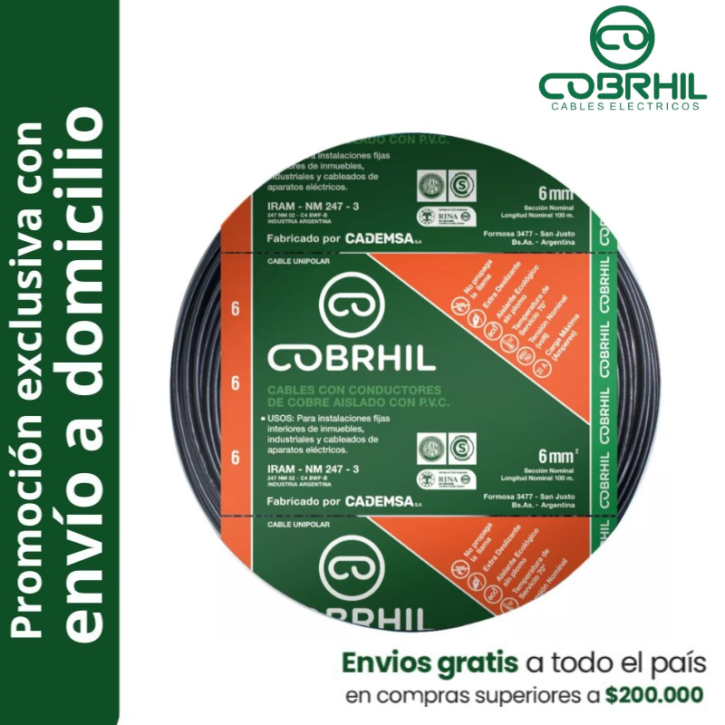Rollo de cable unipolar COBRHIL 6mm2 100 metros IRAM NM247-3 venta exclusiva con envió a domicilio