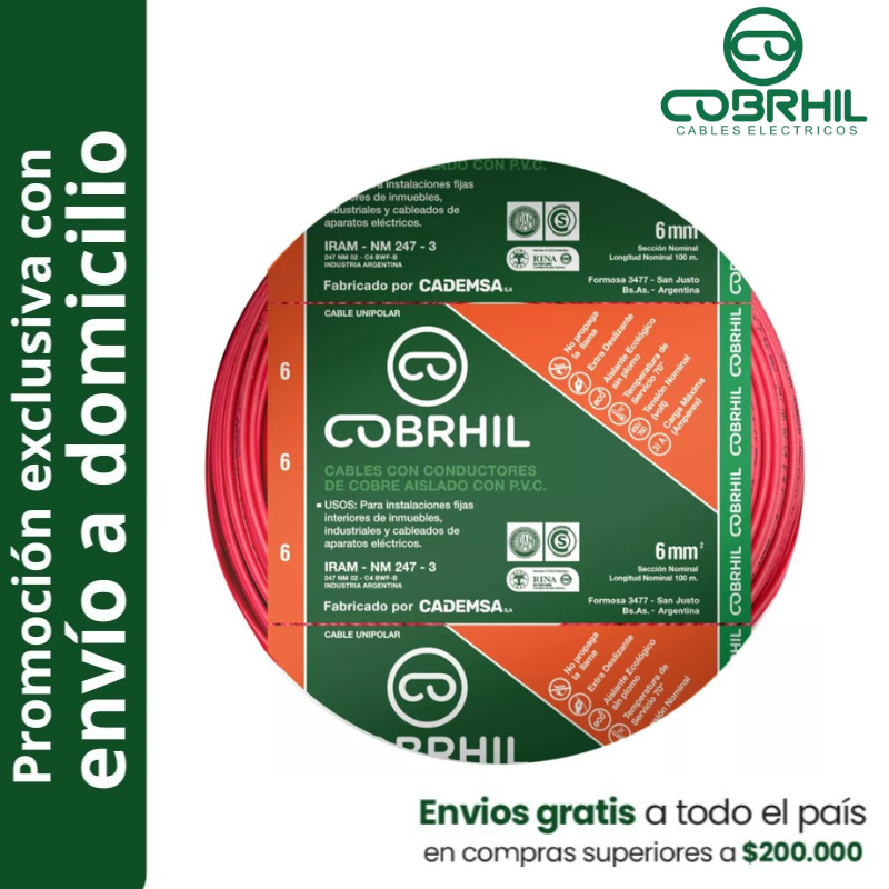 Rollo de cable unipolar COBRHIL 6mm2 100 metros IRAM NM247-3 venta exclusiva con envió a domicilio Rollo de cable unipolar COBRHIL 6mm2 100 metros IRAM NM247-3 venta exclusiva con envió a domicilio