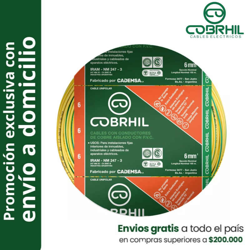 Rollo de cable unipolar COBRHIL 6mm2 100 metros IRAM NM247-3 venta exclusiva con envió a domicilio Rollo de cable unipolar COBRHIL 6mm2 100 metros IRAM NM247-3 venta exclusiva con envió a domicilio