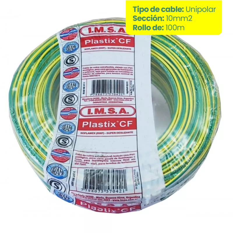 Rollo de cable unipolar IMSA PLASTIX CF 10mm2 100 metros norma IRAM 2183-NM247-3