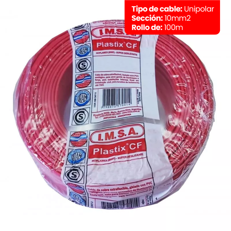 Rollo de cable unipolar IMSA PLASTIX CF 10mm2 100 metros norma IRAM 2183-NM247-3