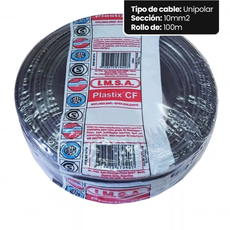 Rollo de cable unipolar IMSA PLASTIX CF 10mm2 100 metros norma IRAM 2183-NM247-3