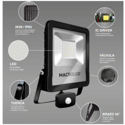 Reflector led MACROLED PRO IP65 20W 1900lm 6500K con sensor de movimiento